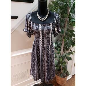 Womens White & Black Polyester Square Neck Short Sleeve Knee Length Dress Large